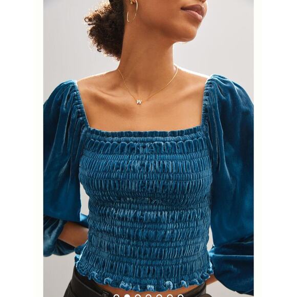 Anthropologie Tops - Anthropologie Puff-sleeved Velvet smocked Blouse blue size S NWT boho